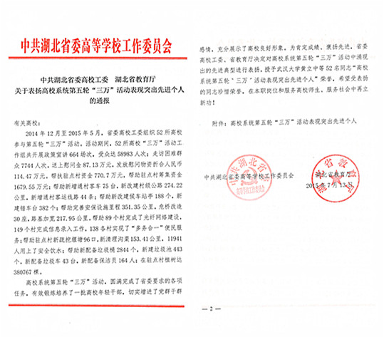 我校2015年“三万”工作组成员获湖北省表彰