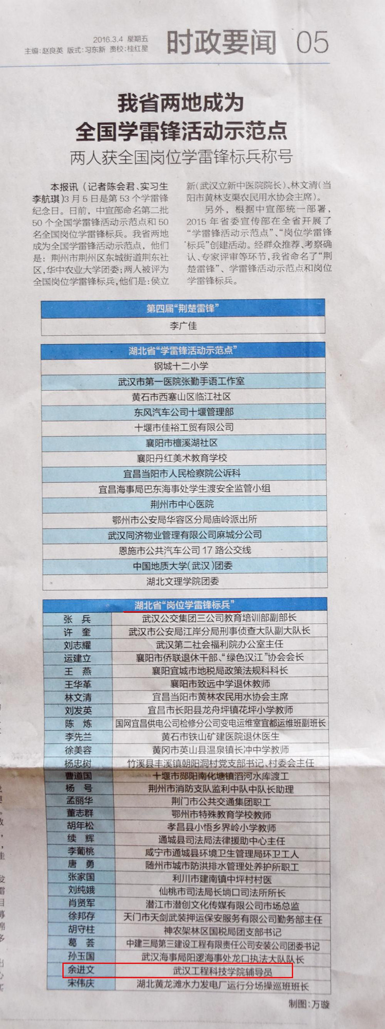 武工院辅导员余进文获评湖北省岗位学雷锋标兵
