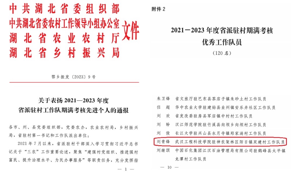 刘青锋同志荣获湖北省优秀驻村工作队员称号